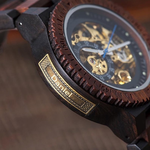 ENGRAVED WOODEN WATCH - Mechanical Watch - Automatic Wood watches - Personalized Watch for Men -Steampunk Watch - Anniversary Gift jewelry