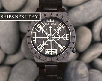 Helm of Awe Wooden Watch - Viking Watch - 1st Anniversary Gift For Him - Personalised Vegvisir Watch Gift for Men, Boyfriend and Husband