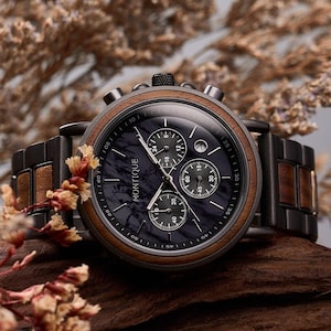 GEGRAVEERD HORLOGE - Eerste vaderdagcadeau - Gepersonaliseerd jubileumcadeau - Houten horloge voor heren - Verjaardagscadeau vriend - Cadeaus bruidsjonkers