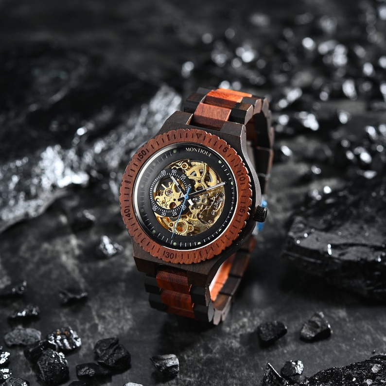 ENGRAVED WOODEN WATCH - Mechanical Watch - Automatic Wood watches - Personalized Watch for Men -Steampunk Watch - Anniversary Gift jewelry