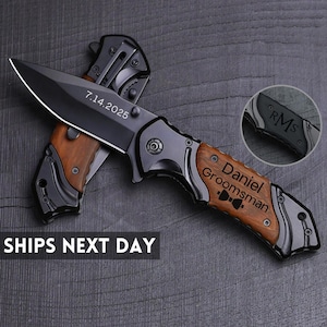 May include: A black pocket knife with a wooden handle engraved with "Daniel Groomman" and a bowtie. The date "7.14.2025" is engraved on the blade.