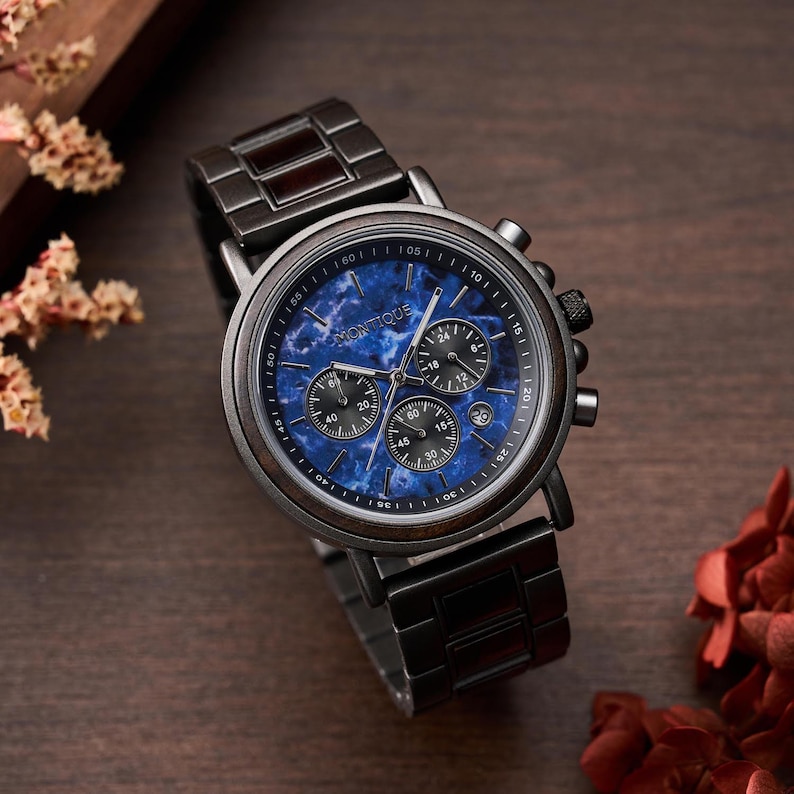 Engraved Walnut Mens Watch - 1st Anniversary Gift For Husband - Personalized Custom Marble Wooden Watch For Him - Groomsmen Wedding Watches