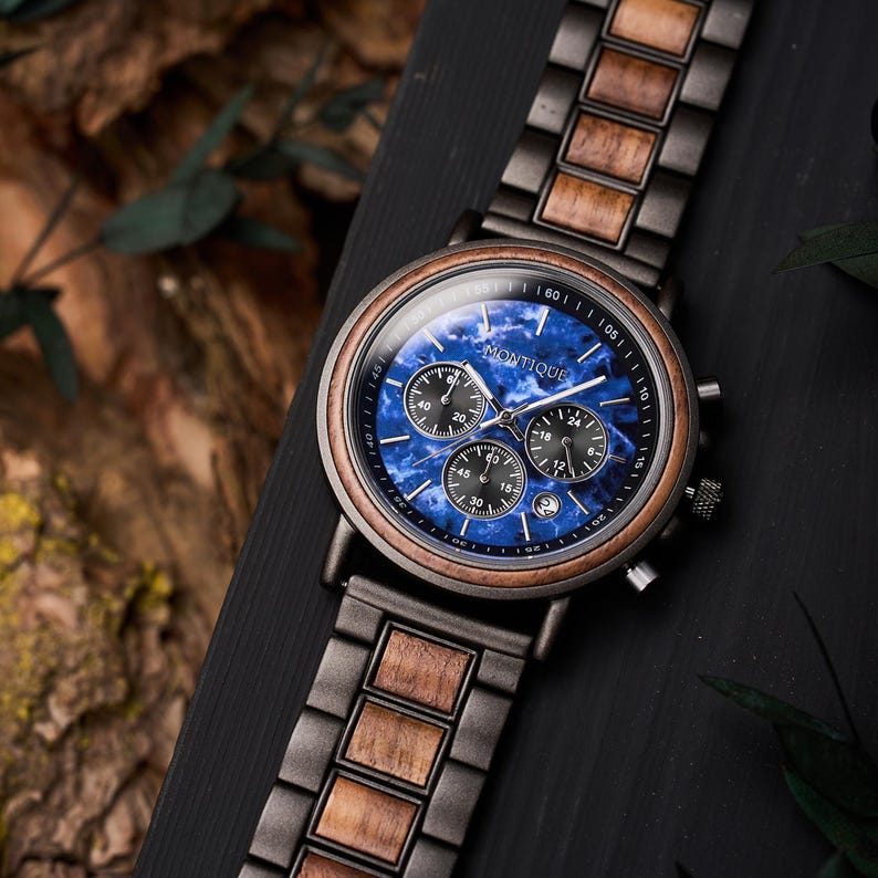 Engraved Walnut Mens Watch - 1st Anniversary Gift For Husband - Personalized Custom Marble Wooden Watch For Him - Groomsmen Wedding Watches