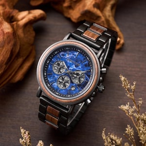 Engraved Walnut Mens Watch - 1st Anniversary Gift For Husband - Personalized Custom Marble Wooden Watch For Him - Groomsmen Wedding Watches