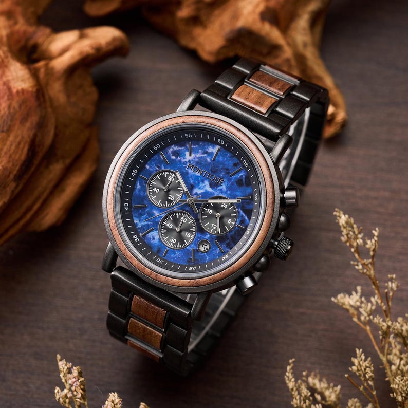 Engraved Walnut Mens Watch - 1st Anniversary Gift For Husband - Personalized Custom Marble Wooden Watch For Him - Groomsmen Wedding Watches