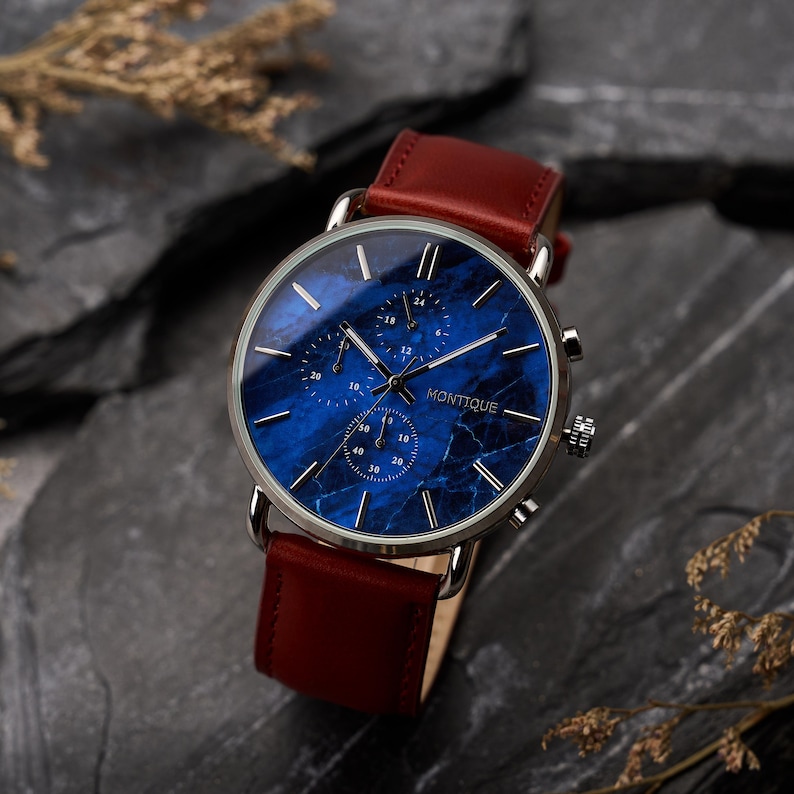 Engraved Blue Marble Watch For Him - 1st Anniversary Gift For Husband - Personalized Custom Wooden Watch For Men - Groomsmen Wedding Watches image 1