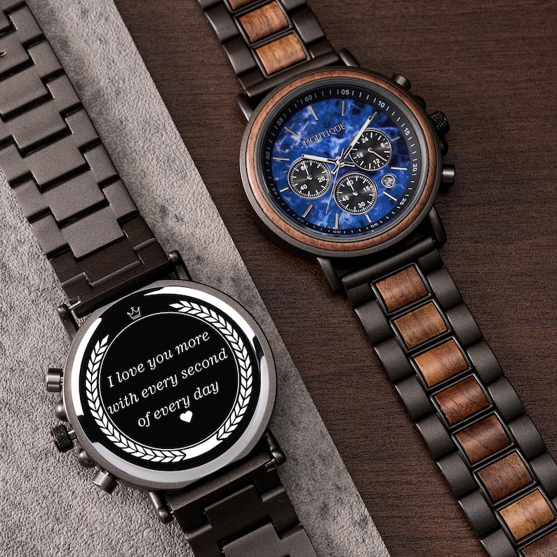 Engraved Walnut Mens Watch - 1st Anniversary Gift For Husband - Personalized Custom Marble Wooden Watch For Him - Groomsmen Wedding Watches
