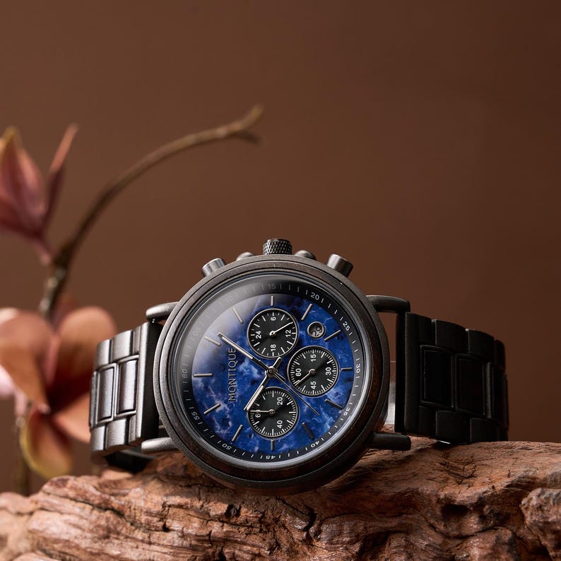 Engraved Walnut Mens Watch - 1st Anniversary Gift For Husband - Personalized Custom Marble Wooden Watch For Him - Groomsmen Wedding Watches
