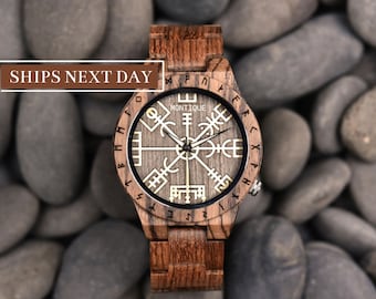 Helm of Awe Wooden Watch - Viking Watch - 1st Anniversary Gift For Him - Personalised Vegvisir Watch Gift for Men, Boyfriend and Husband