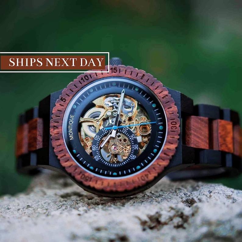 ENGRAVED WOODEN WATCH - Mechanical Watch - Automatic Wood watches - Personalized Watch for Men -Steampunk Watch - Anniversary Gift jewelry