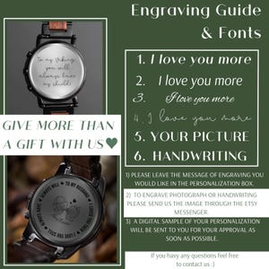 May include: Wooden watch with a black face and a brown leather strap. The watch face has engraved text. The image also includes an engraving guide with font options and instructions for personalization.