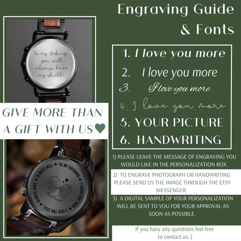May include: Wooden watch with a black face and a brown leather strap. The watch face has engraved text. The image also includes an engraving guide with font options and instructions for personalization.