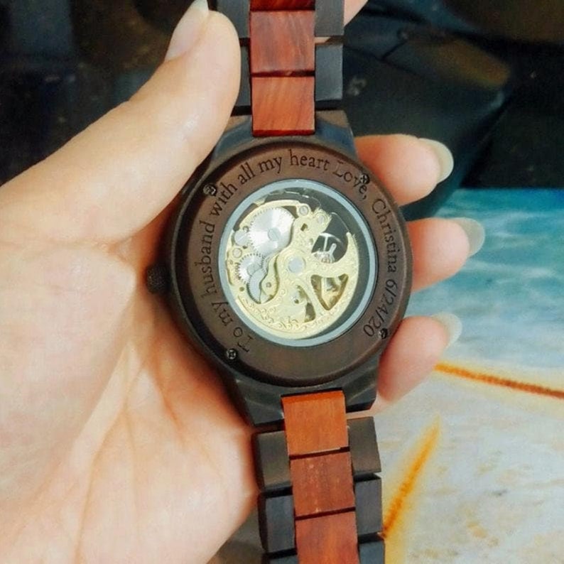 ENGRAVED WOODEN WATCH - Mechanical Watch - Automatic Wood watches - Personalized Watch for Men -Steampunk Watch - Anniversary Gift jewelry