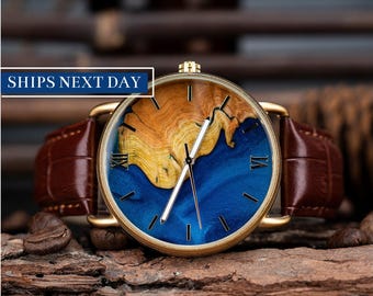 ENGRAVED WOOD WATCH - First Anniversary Gift For Husband - Resin Wooden Watch For Men - Birthday Gift For Him - Groomsmen Gifts Personalized