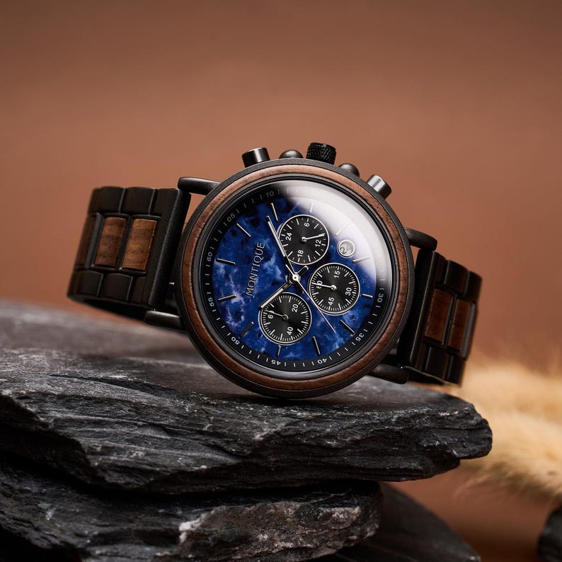 Engraved Walnut Watch for Husband - 1st Anniversary Gift For Boyfriend - Personalized Custom Marble Wooden Gift For Him - Mens Wedding Gift Blue Walnut Wood