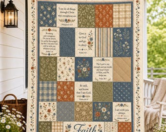 Op de afbeelding: Een rechthoekige quilt met een patchworkontwerp met diverse bloemen-, ruitjes- en effen stoffen vierkanten in tinten blauw, groen en oranje. Verschillende vierkanten bevatten gedrukte religieuze verzen en het woord Faith onderaan.