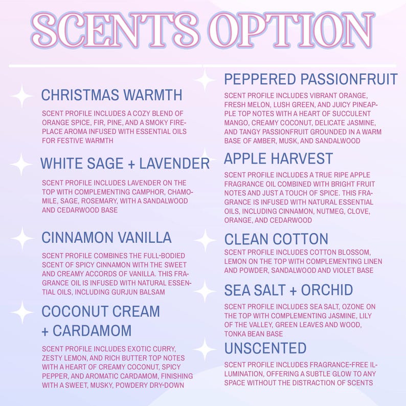 May include: A product description card titled "SCENTS OPTION" lists various fragrance profiles. These include "Christmas Warmth," "Peppered Passionfruit," "White Sage + Lavender," "Apple Harvest," "Cinnamon Vanilla," "Clean Cotton," "Coconut Cream + Cardamom," "Sea Salt + Orchid," and "Unscented."