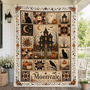May include: A rectangular quilt featuring a central haunted house illustration surrounded by panels of black cats, ghosts, pumpkins, lanterns, and geometric star patterns. The text Moonvale is printed at the bottom with a decorative floral border.