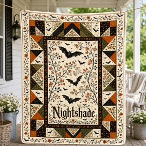 May include: A rectangular quilt featuring a cream-colored center panel with black bat silhouettes and orange berry branches. The word Nightshade is printed in black script. The border consists of geometric triangles in black, orange, and olive green.