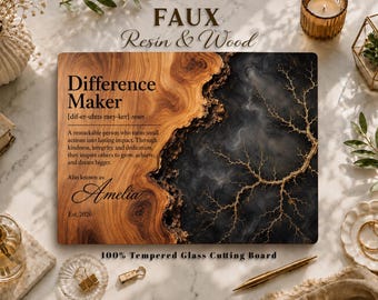 FAUX Resin & Wood Black Gold Branch Difference Maker Tempered Glass Cutting Board, Rustic Appreciation Kitchen Decor, Mentor Gift