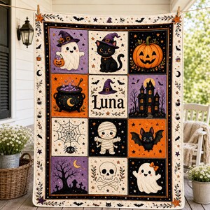 Cute Halloween Patchwork Quilt Blanket, Personalized Ghost Black Cat Pumpkin Kids Bed Throw