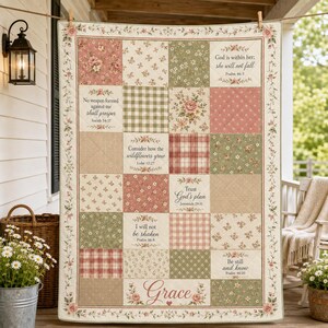 Christian Floral Patchwork Quilt Blanket, Personalized Bible Verse Throw, Scripture Blanket with Custom Name, Faith Nursery Baptism Gift