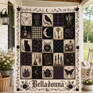 May include: A rectangular quilt featuring a grid of squares with illustrations of a moth, raven, crescent moon, key, black cat, cauldron, broom, spellbook, candles, teapot, and butterfly. The word Belladonna is printed at the bottom.