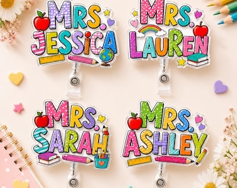 Patchwork Teacher Name Acrylic Badge Reel, Custom Retractable ID Holder, Colorful School Supply Clip