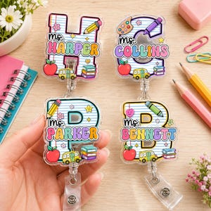 Large Initial Clear Acrylic Teacher Badge Reel, Custom Name Notebook Doodle ID Holder, Retractable Clip