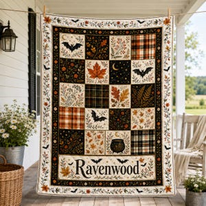 May include: A rectangular quilt featuring a patchwork design with autumn-themed motifs including bats, crescent moons, a cauldron, maple leaves, and plaid patterns. The bottom section displays the text Ravenwood in a black serif font.