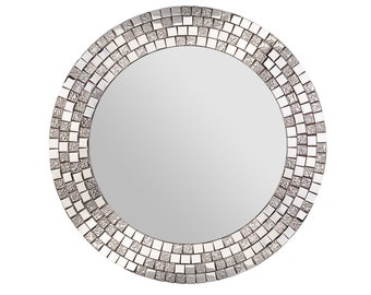 Round mirror, wall mirror, silver mosaic frame, silver mirror, mosaic, glamor mirror, living room mirror, art deco mirror