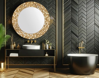 Mosaic Wall Mirror / Round Mirror / Bathroom Mirror / Mosaic Wall Art / Home Decor / Wall Decor / Kitchen Decor / Wall Mirror / Custom /Gold