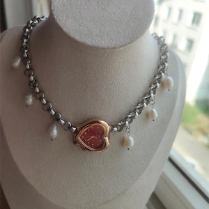 Vintage Heart Watch Choker with Freshwater Pearls – Retro Red Dial Charm Necklace - Gift for Her