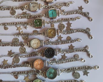 Pulsera de plata con dijes – Pulsera de cadena gruesa en capas, pulsera con dijes de reloj Y2K, pulsera de estilo grunge