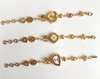 Vintage Gold Tone Heart Shape Watch Bracelet, Floral Charm Link Wristwatch, Romantic Statement Jewelry Gift for Her