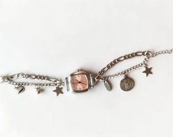 Silver Watch Bracelet with Charms – Chunky Chain Layered Bracelet, Y2k Watch Charm Bracelet, Grunge Statement Wristwatch
