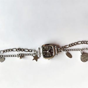 Silver Watch Bracelet with Charms – Chunky Chain Layered Bracelet, Y2k Watch Charm Bracelet, Grunge Statement Wristwatch