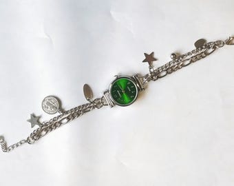 Y2k Watch Bracelet with Green Dial – Chunky Chain Layered Bracelet, Watch Charm Bracelet, Grunge Statement Wristwatch