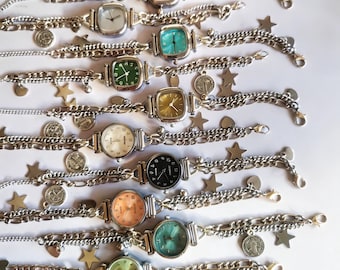 Silver Watch Bracelet with Charms – Layered Chain Bracelet, Y2k Watch Charm Bracelet, Grunge Statement Wristwatch, Gift for Her