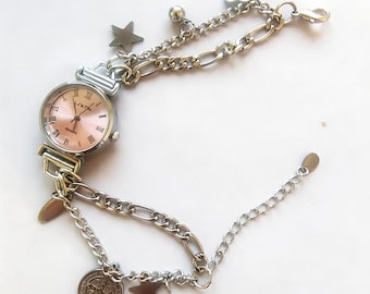 Silver Watch Charm Bracelet – Chic Chain Layered Bracelet, Y2k Watch Charm Bracelet, Grunge Statement Wristwatch, Gift for Mum