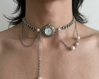 Vintage Watch Choker Necklace | Y2K Gothic Grunge | Silver Pearl Chain | Asymmetric Drape Pendant | Unique Gift for Her Trendy Jewelry
