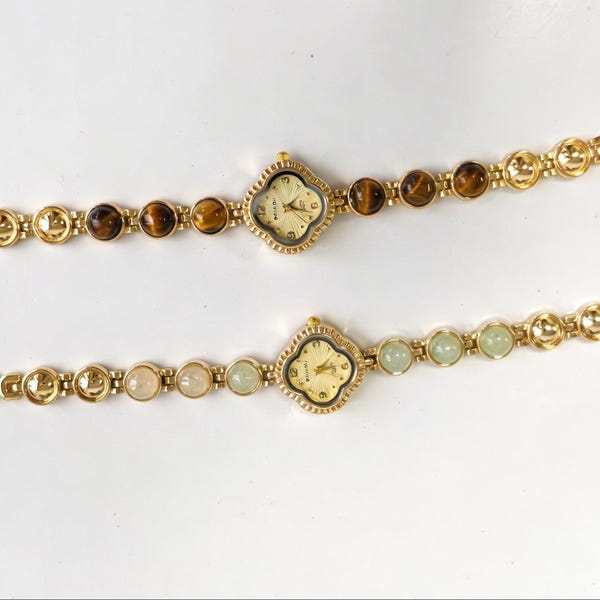 Reloj vintage con pulsera de trébol, reloj de pulsera con filigrana dorada y ojo de tigre, reloj de jade con piedra natural, reloj de joyería bohemia delicada, regalo.