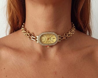 Vintage Gold Watch Choker Necklace | Y2K Style Gold Link Chain Quartz Watch | Oval Rhinestone Bezel Jewelry | Unique Gift for Her