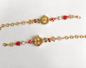 Gold Charm Watch Bracelet, Strawberry & Mushroom Enamel Charms, Cute Star Flower Dangle Watch, Vintage Style Ladies Jewelry Gift