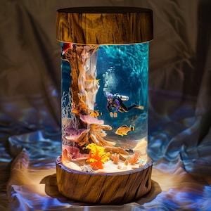 Epoxy Resin Ocean Lamp, ocean world night light, Resin Wood lamp, Free Diving, Unique Gift, Home decor, Christmas gift
