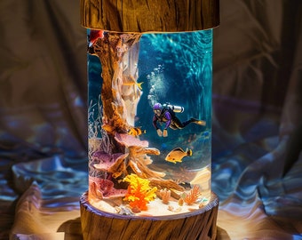 Lámpara oceánica de resina epoxi, luz nocturna del mundo oceánico, lámpara de madera de resina, buceo libre, regalo único, decoración del hogar, regalo de Navidad