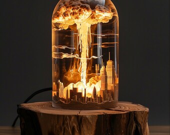 Atoombom diorama Lamp, Explosiebom nachtlampje, Hars Houten lamp, Uniek cadeau, Home decor, kerstcadeau