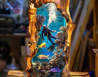 Epoxy Resin Ocean Lamp, ocean world night light, Resin Wood lamp, Free Diving, Unique Gift, Home decor, Christmas gift