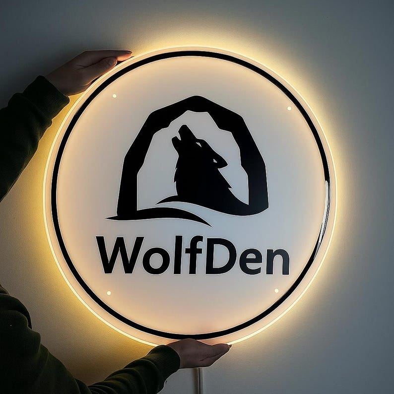 Peut inclure: Un panneau rond et lumineux avec un loup noir et blanc hurlant sous une arche stylis&eacute;e. Le panneau affiche le texte "WolfDen". Le panneau a une bordure lumineuse de couleur chaude.