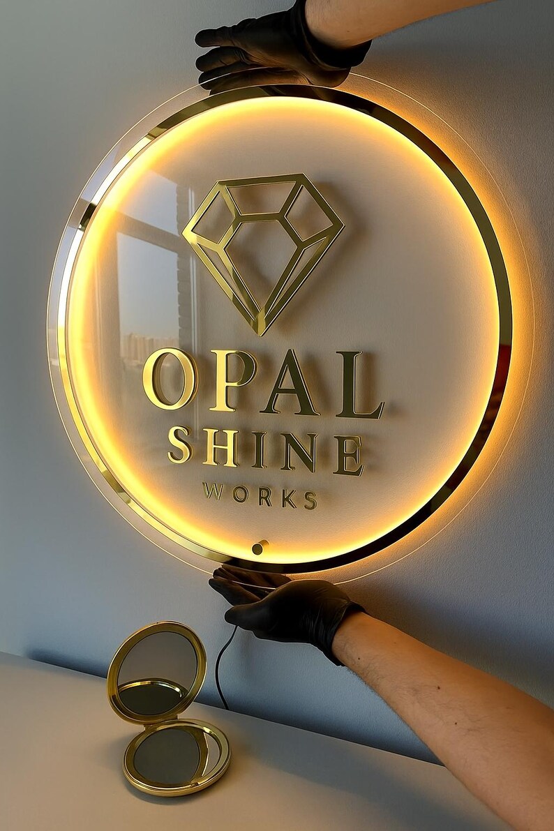 Może przedstawiać: Okrągły, podświetlany szyld ze złotym logo diamentu i napisem "OPAL SHINE WORKS". Znak ma złotą obw&oacute;dkę i ciepłe, świecące światło. Małe, złote lusterko kompaktowe znajduje się na pierwszym planie.